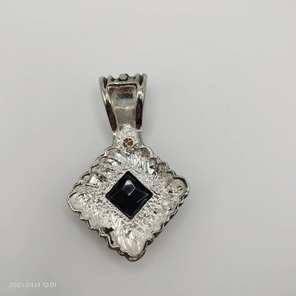 Women's Silver Tone and Black Square Pendant Accented Clear Rhinestone